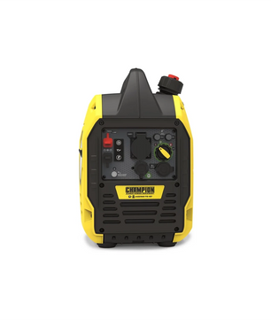 Ein gelber und schwarzer Champion 2200 Watt Dual Fuel Inverter Generator - Benzin & Gas, mit einem Bedienfeld, Steckdosen und einem Tankdeckel, wird von vorne vor einem weißen Hintergrund gezeigt.