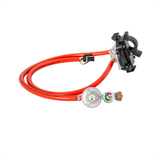 Roter Gasschlauch mit Regler und Manometer, ideal für den Anschluss Ihres Champion 2200 Watt Dual Fuel Inverter Generator - Benzin & Gas. Inklusive schwarzer Kunststoffhalterung, Messinganschluss und praktischer Spule.