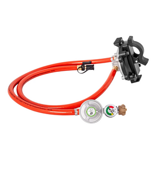 Roter Gasschlauch mit Regler und Manometer, ideal für den Anschluss Ihres Champion 2200 Watt Dual Fuel Inverter Generator - Benzin & Gas. Inklusive schwarzer Kunststoffhalterung, Messinganschluss und praktischer Spule.