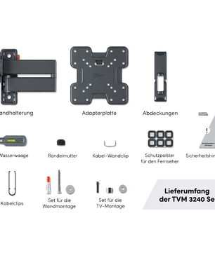 Das Vogel’s TVM 3245 TV-Wandhalterung – Schwarz-Set enthält eine schwenk- und neigbare Wandhalterung, eine Adapterplatte, die mit VESA-Maßen von 75x75 bis 200x200 kompatibel ist, sowie sämtliches erforderliches Zubehör.