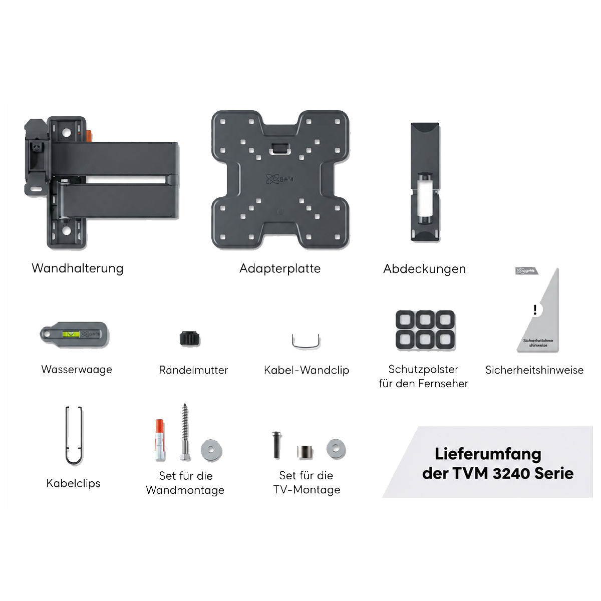 Das Vogel’s TVM 3245 TV-Wandhalterung – Schwarz-Set enthält eine schwenk- und neigbare Wandhalterung, eine Adapterplatte, die mit VESA-Maßen von 75x75 bis 200x200 kompatibel ist, sowie sämtliches erforderliches Zubehör.
