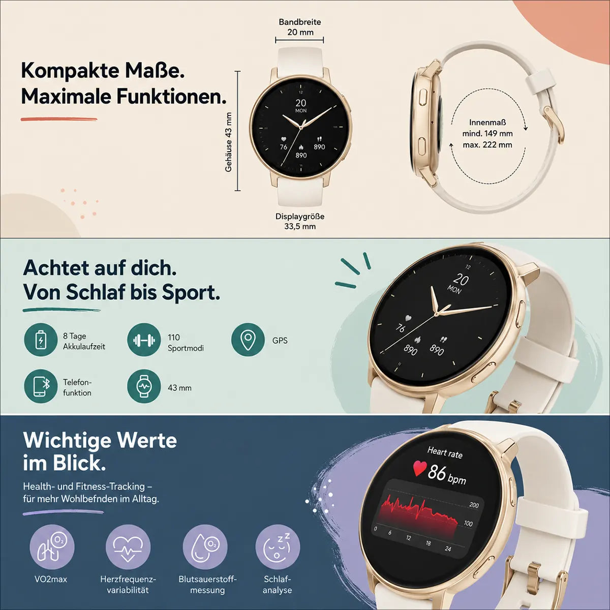 Die Hama Arion Smartwatch - gold von Hama bietet ein rundes Display mit übersichtlichem Fitness-, Schlaf- und Gesundheits-Tracking und ist damit die perfekte Gesundheitsuhr für Ihre täglichen Wellness-Bedürfnisse.