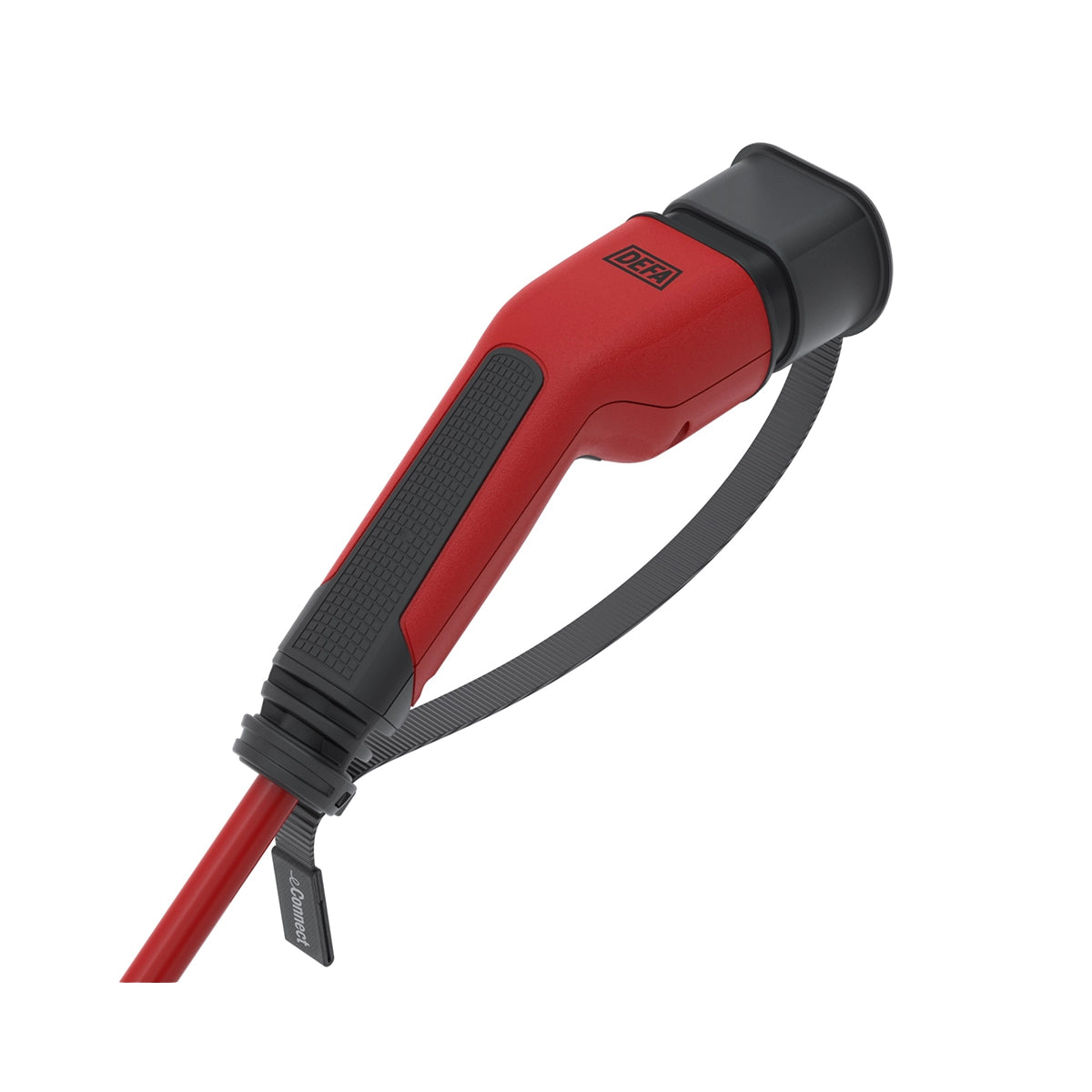 Ein rot-schwarzes DEFA Typ-2-auf-Typ-2-Ladekabel (7,5m, 12,8kW, 3-phasig, 20A) mit strukturiertem Griff und Handschlaufe, dargestellt auf weißem Hintergrund.