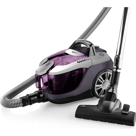 Der ETA Salvet Animal Staubsauger von ETA verfügt über einen violett-silbernen Kanister, einen beutellosen transparenten Staubbehälter, einen flexiblen Schlauch, eine schwarze Bodendüse und einen fortschrittlichen HEPA-13-Filter für saubere Luft.