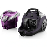 Der schwarz-graue ETA Salvet Animal Staubsauger von ETA wird mit seinem durchsichtigen lila-silbernen Staubbehälter mit HEPA-13-Filter gezeigt, der abgenommen und daneben gestellt wird.