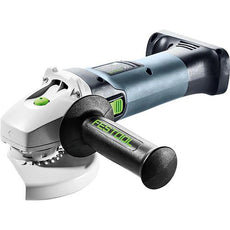 Der Festool Akku-Winkelschleifer AGC 18-125 EB-Basic ist ein Akku-Winkelschleifer mit bürstenlosem Motor, grau-schwarzem Design, grünen Akzenten und FESTOOL Seitengriff - ideal für anspruchsvolle Trenn- und Schleifarbeiten.
