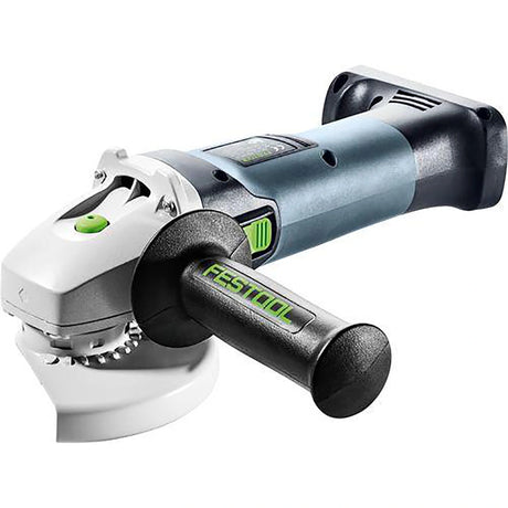 Der Festool Akku-Winkelschleifer AGC 18-125 EB-Basic ist ein Akku-Winkelschleifer mit bürstenlosem Motor, grau-schwarzem Design, grünen Akzenten und FESTOOL Seitengriff - ideal für anspruchsvolle Trenn- und Schleifarbeiten.