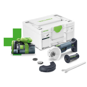 Der Festool Akku-Winkelschleifer AGC 18-125 EB-Basic enthält einen bürstenlosen Motor, einen Schleifer, einen Akku, ein Ladegerät, Trenn- und Schruppscheiben, eine Schutzabdeckung, einen Schraubenschlüssel und einen eleganten weißen Festool-Koffer mit grünen Akzenten - alles auf weißem Untergrund.
