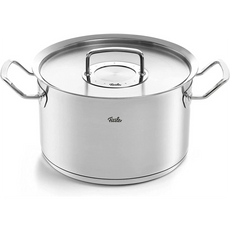 Das Fissler Pure-Profi Collection II Topf-Set 5-teilig besteht aus Edelstahltöpfen mit Griffen und Deckeln, die alle induktionsgeeignet und mit dem Fissler-Logo versehen sind - perfekt für jede Küche.