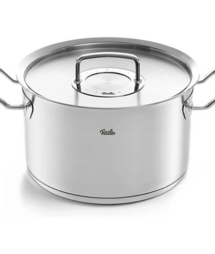 Das Fissler Pure-Profi Collection II Topf-Set 5-teilig besteht aus Edelstahltöpfen mit Griffen und Deckeln, die alle induktionsgeeignet und mit dem Fissler-Logo versehen sind - perfekt für jede Küche.