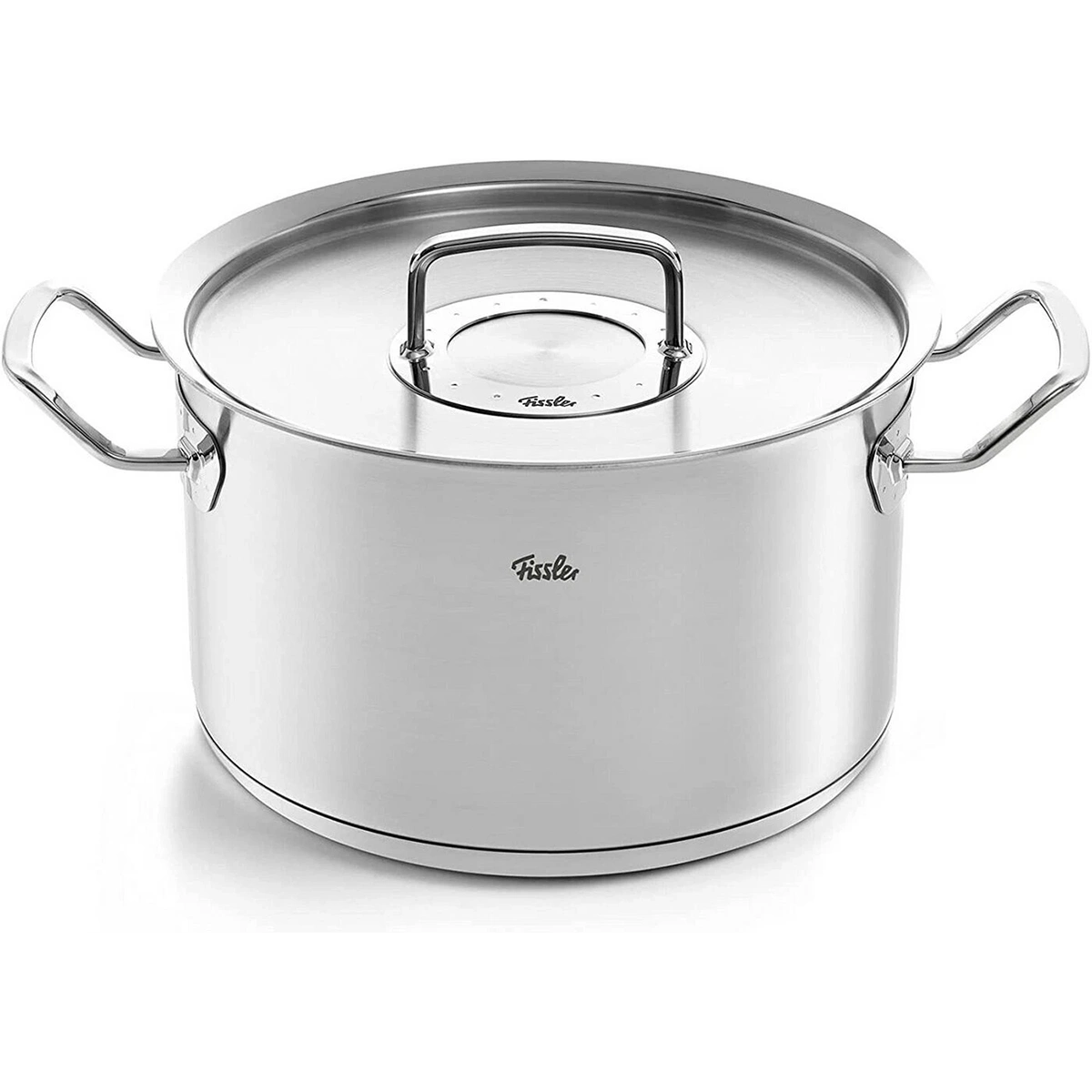 Das Fissler Pure-Profi Collection II Topf-Set 5-teilig besteht aus Edelstahltöpfen mit Griffen und Deckeln, die alle induktionsgeeignet und mit dem Fissler-Logo versehen sind - perfekt für jede Küche.
