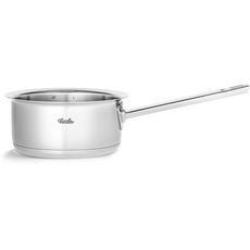 Der Edelstahltopf aus der Fissler Pure-Profi Collection II Topf-Set 5-teilig verfügt über einen langen Griff, das Fissler-Logo an der Seite und ist für Induktion geeignet.