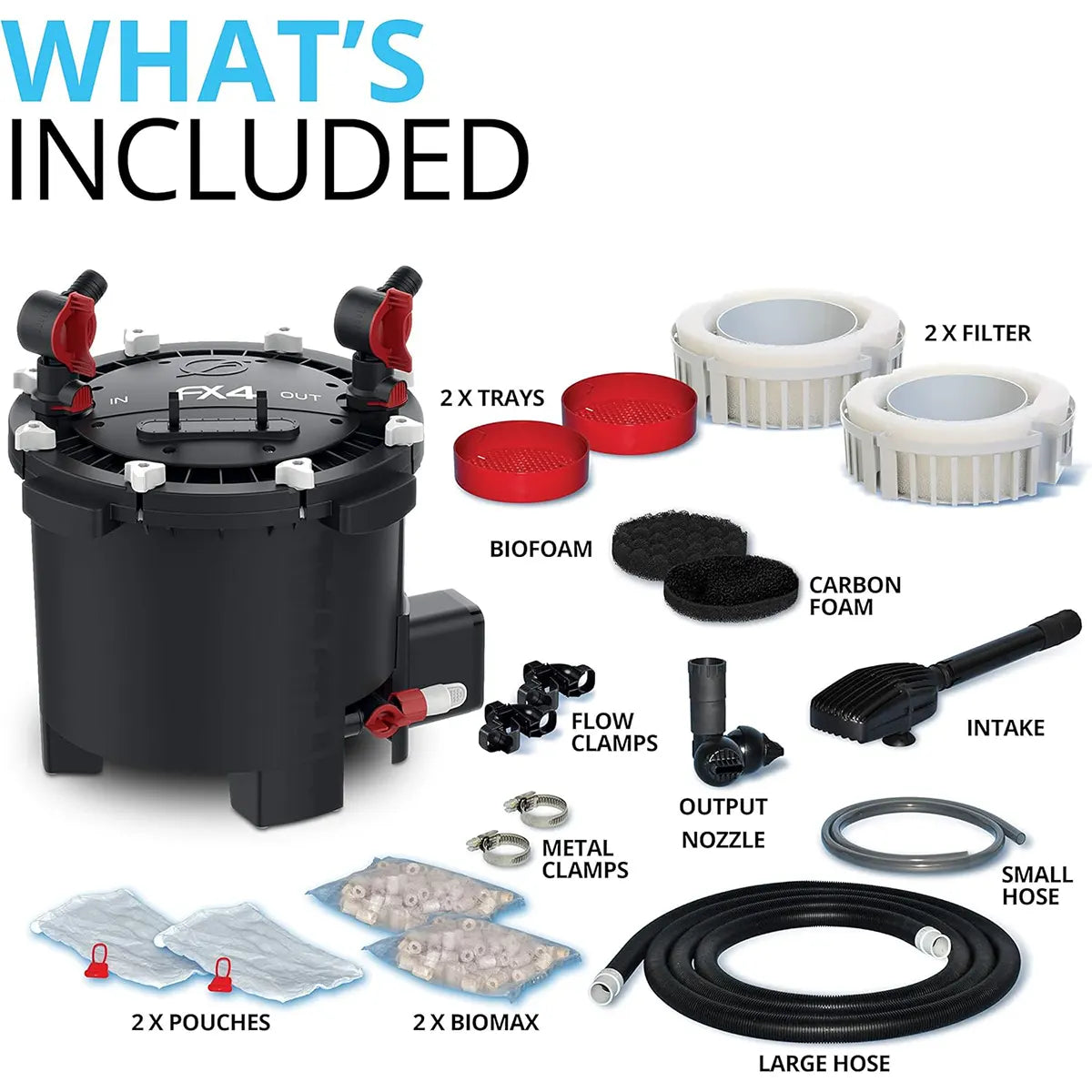 Das Fluval FX4 Aquarium Filter Kit (ca. 2650 l/h, für Aquarien bis 1000 l, 30W) von Fluval enthält Filter, Schläuche, Schaumstoff, Schalen, Klammern, Düsen und mehr - mit der Smart Pump Technology, die in den Top-Fluval FX4 Systemen zu finden ist.