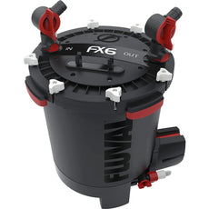 Der Fluval FX6 Außenfilter von Fluval ist ein Hochleistungsfilter (3.500 l/h) für große Aquarien, mit Smart Pump Technologie sowie beschrifteten Einlass- und Auslassventilen, in Schwarz mit roten und weißen Akzenten.