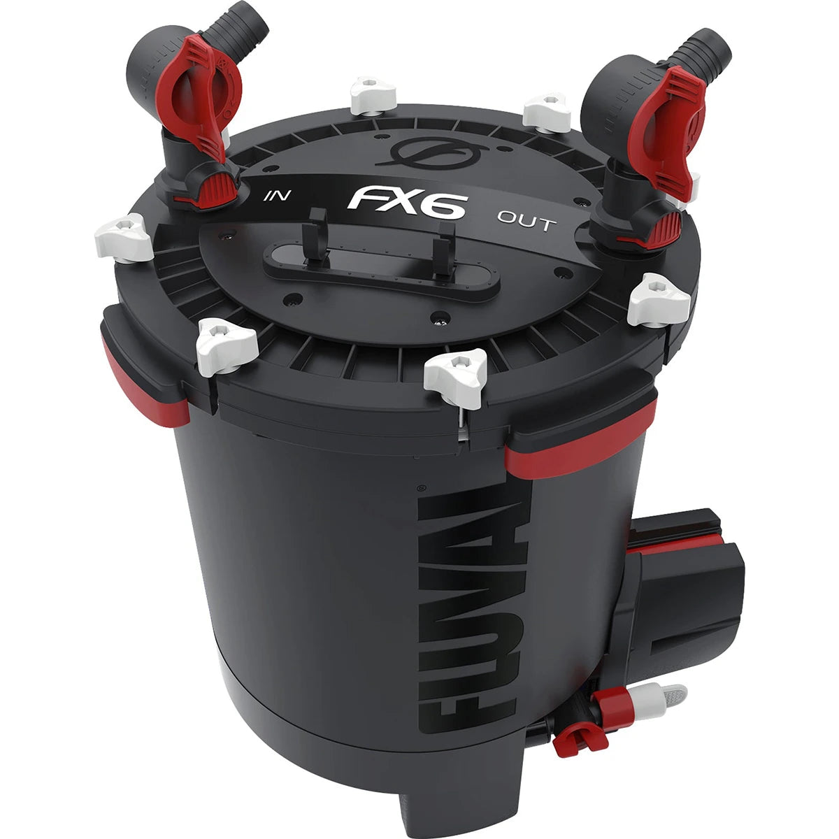 Der Fluval FX6 Außenfilter von Fluval ist ein Hochleistungsfilter (3.500 l/h) für große Aquarien, mit Smart Pump Technologie sowie beschrifteten Einlass- und Auslassventilen, in Schwarz mit roten und weißen Akzenten.