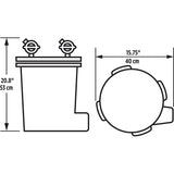 Strichzeichnung eines runden Filterbeckens mit Ansichten von oben und von der Seite, mit Maßangaben in Zoll und cm - ideal für die Planung von Einrichtungen mit dem Fluval FX6 Außenfilter (3.500 l/h Hochleistungsfilter) von Fluval.