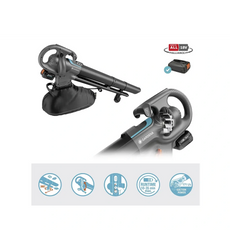 Der kabellose Laubbläser und -sauger GARDENA 14895-20 PowerJetCollect verfügt über eine Mulchfunktion, einfach zu bedienende Steuerelemente (in der Nahaufnahme) und die folgenden Symbole für die wichtigsten Funktionen.