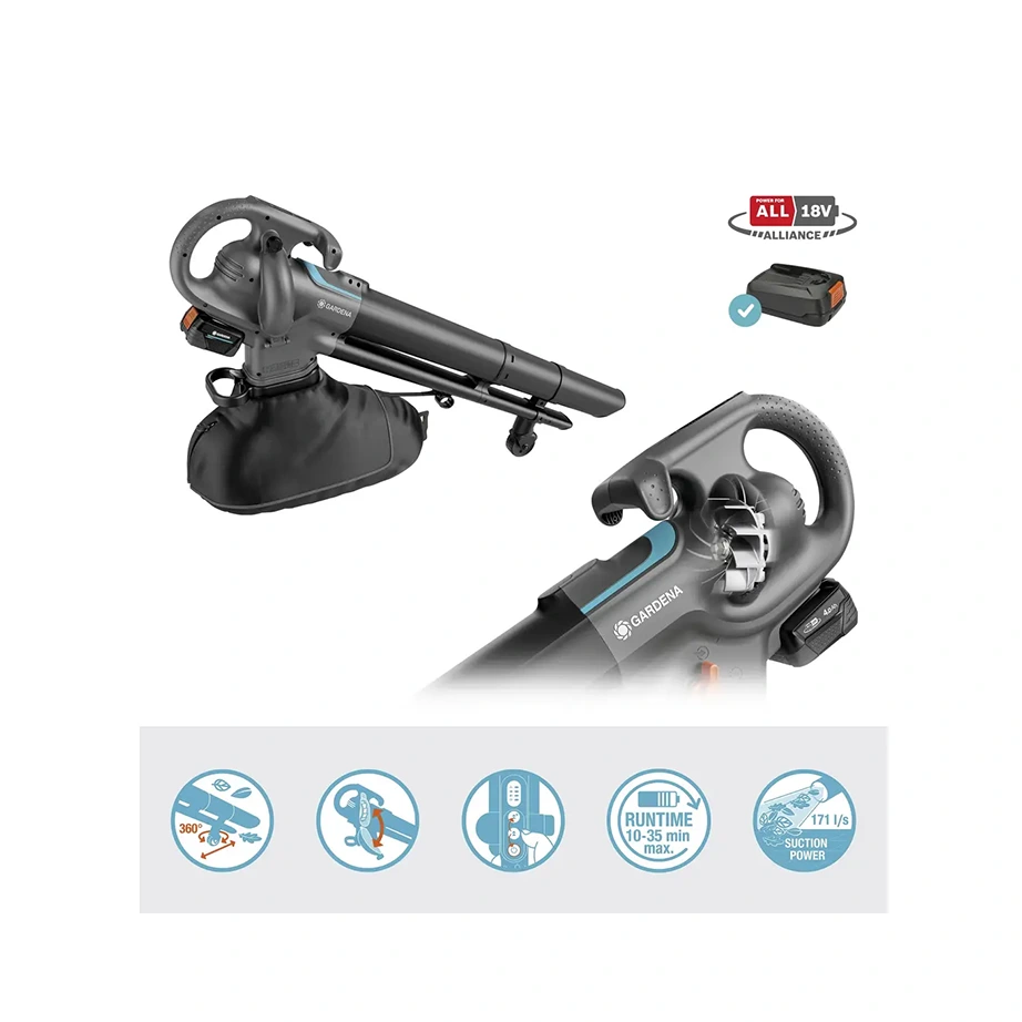 Der kabellose Laubbläser und -sauger GARDENA 14895-20 PowerJetCollect verfügt über eine Mulchfunktion, einfach zu bedienende Steuerelemente (in der Nahaufnahme) und die folgenden Symbole für die wichtigsten Funktionen.