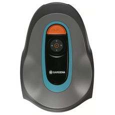 Draufsicht auf den GARDENA 15202-20 SILENO minimo Mähroboter für effiziente Rasenpflege, mit zentralem Bedienfeld mit orangefarbener STOP-Taste und Bluetooth-App-Steuerung für einfache Bedienung.