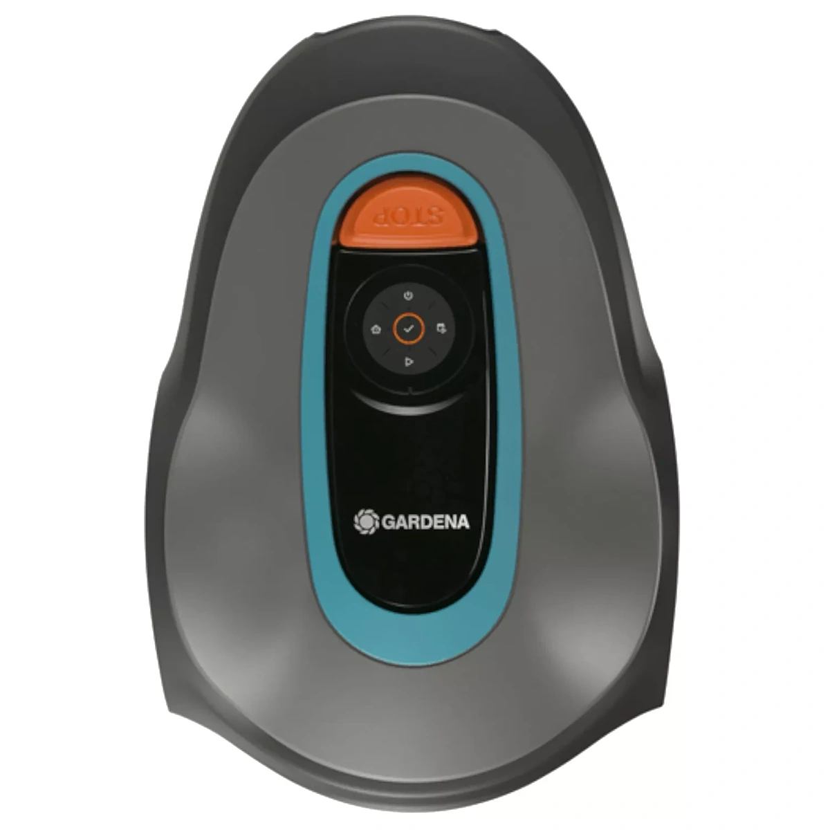 Draufsicht auf den GARDENA 15202-20 SILENO minimo Mähroboter für effiziente Rasenpflege, mit zentralem Bedienfeld mit orangefarbener STOP-Taste und Bluetooth-App-Steuerung für einfache Bedienung.