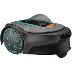 Der GARDENA 15202-20 SILENO minimo Mähroboter in Schwarz und Grau mit tealfarbenen Akzenten und einem orangefarbenen Top-Knopf bietet effiziente Rasenpflege und verfügt über eine einfache Bluetooth-App-Steuerung zur bequemen Steuerung.