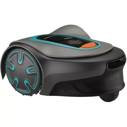 Der GARDENA 15202-20 SILENO minimo Mähroboter in Schwarz und Grau mit tealfarbenen Akzenten und einem orangefarbenen Top-Knopf bietet effiziente Rasenpflege und verfügt über eine einfache Bluetooth-App-Steuerung zur bequemen Steuerung.