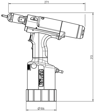 Technische Zeichnung des GESIPA FireFox® 2 pneumatisch-hydraulisches Blindnietmuttern-Setzgerätes, dargestellt im Profil mit den Abmessungen: 271 mm Länge, 313 mm Höhe und 106 mm Bodendurchmesser.