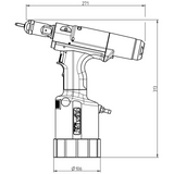 Technische Zeichnung des GESIPA FireFox® 2 pneumatisch-hydraulisches Blindnietmuttern-Setzgerätes, dargestellt im Profil mit den Abmessungen: 271 mm Länge, 313 mm Höhe und 106 mm Bodendurchmesser.