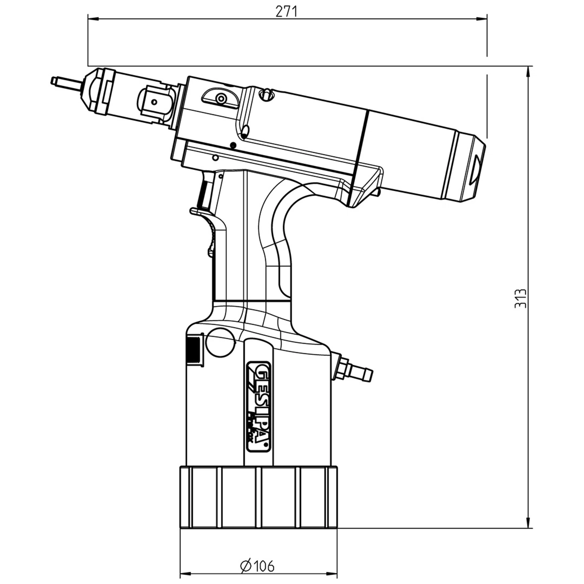 Technische Zeichnung des GESIPA FireFox® 2 pneumatisch-hydraulisches Blindnietmuttern-Setzgerätes, dargestellt im Profil mit den Abmessungen: 271 mm Länge, 313 mm Höhe und 106 mm Bodendurchmesser.