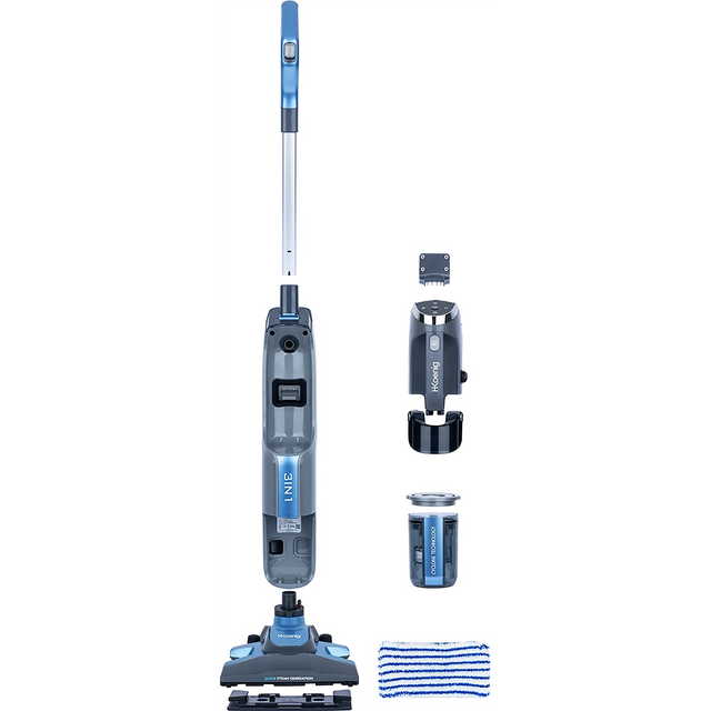 Der H.Koenig Multifunktions-Dampfstaubsauger 3 in 1 ARYA600 in Grau ist mit seinem langen Griff, den abnehmbaren Teilen, dem Reinigungspad, dem Filter und der Ladestation übersichtlich auf einem weißen Hintergrund angeordnet.