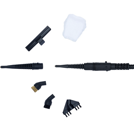 Der H.Koenig Multifunktions-Dampfstaubsauger 3 in 1 ARYA600 in grau wird mit verschiedenen schwarzen Düsenaufsätzen, einem Wischtuch und Bürstenköpfen dargestellt - Ihre vielseitige 3-in-1 Reinigungslösung.