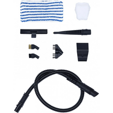 Ein Set mit H.Koenig-Zubehör - gestreiftes Pad, weißes Tuch, Düsen, Bürsten und Wellschlauch - perfekt geeignet für den H.Koenig Multifunktions-Dampfstaubsauger 3 in 1 ARYA600 (grau).