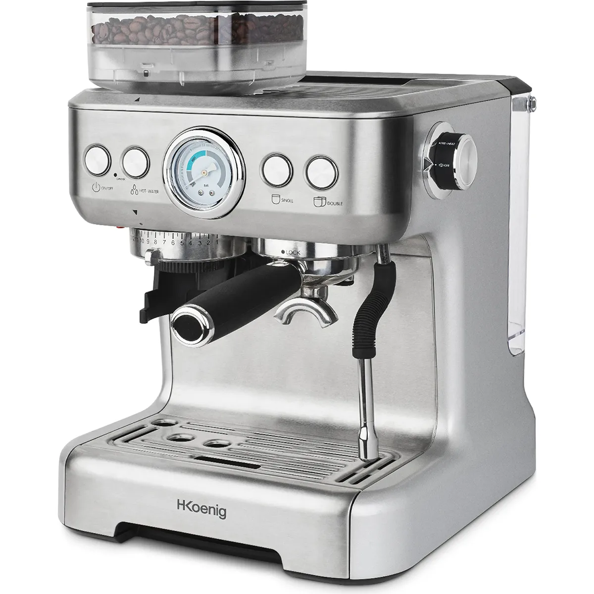 Die H.Koenig EXPRO980 Espressomaschine in silber verfügt über eine 20-bar Hochdruckpumpe, integriertes Kegelmahlwerk, Manometer, Dampfdüse und Bedientasten.