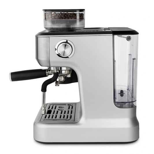 Die H.Koenig Espressomaschine mit Mahlwerk EXPRO980 besticht durch ihr modernes silbernes Design, das integrierte Mahlwerk oben, die Dampfdüse vorne links und den transparenten Wassertank rechts - perfekt für echtes Barista-Erlebnis vor weißem Hintergrund.