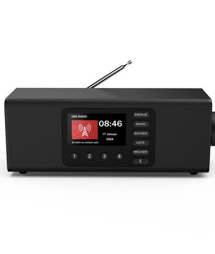 Das Hama DR2002BT Digitalradio in schwarz verfügt über ein Display für Uhrzeit und Datum, Tasten auf der Vorderseite und ist ideal als Seniorenradio zum einfachen Hören.