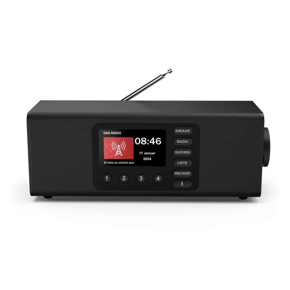 Das Hama DR2002BT Digitalradio in schwarz verfügt über ein Display für Uhrzeit und Datum, Tasten auf der Vorderseite und ist ideal als Seniorenradio zum einfachen Hören.