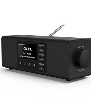 Das Hama DR2002BT Digitalradio in Schwarz verfügt über DAB+, ein Display, Tasten, einen großen Lautstärkeregler und eine nach oben ausziehbare silberne Antenne.