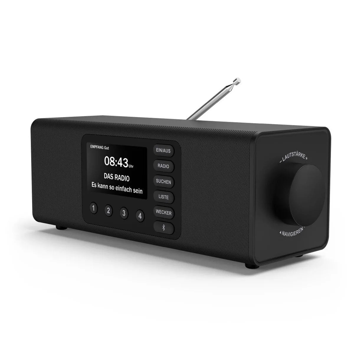Das Hama DR2002BT Digitalradio in Schwarz verfügt über DAB+, ein Display, Tasten, einen großen Lautstärkeregler und eine nach oben ausziehbare silberne Antenne.