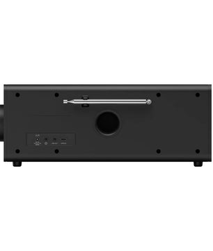 Die Rückansicht des Hama DR2002BT Digitalradios in Schwarz zeigt Anschlüsse, Tasten und eine Antenne - perfekt, um Ihre Lieblingssender mit DAB+ und Bluetooth-Konnektivität zu hören.