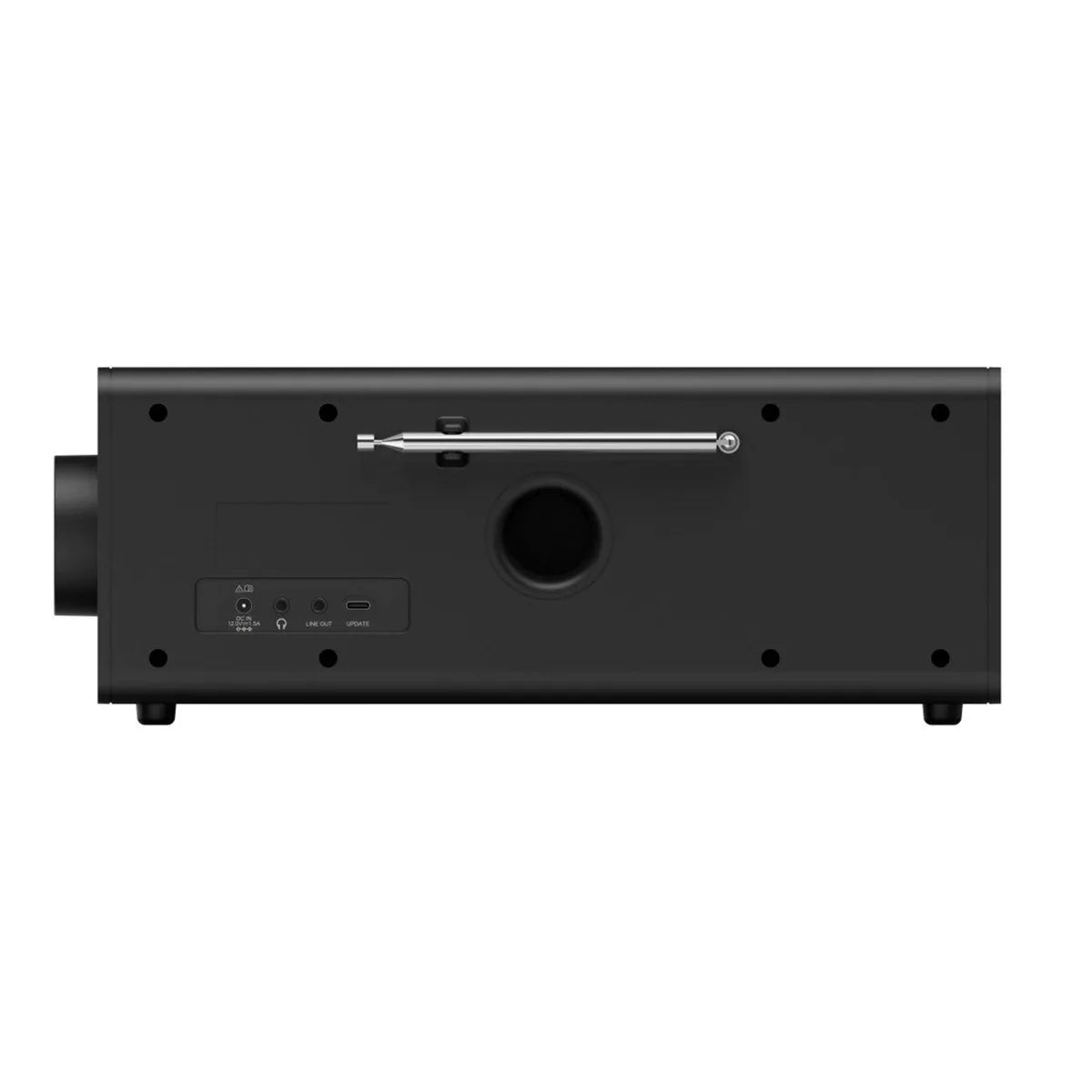 Die Rückansicht des Hama DR2002BT Digitalradios in Schwarz zeigt Anschlüsse, Tasten und eine Antenne - perfekt, um Ihre Lieblingssender mit DAB+ und Bluetooth-Konnektivität zu hören.