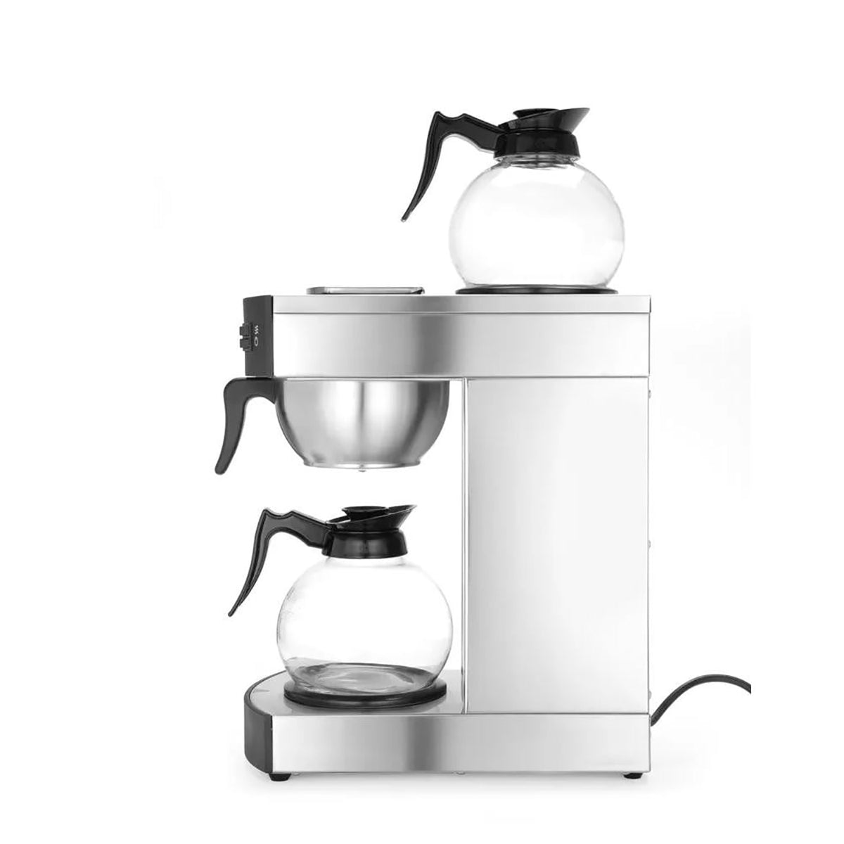 Die HENDI Filterkaffeemaschine - silber von HENDI verfügt über zwei Glaskannen sowie getrennte Warmhalteplatten - ideal als Doppelkanne-Filterkaffeemaschine für den gewerblichen Einsatz.