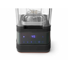 Eine Nahaufnahme des HENDI Mixers mit geräuschdämmender Abdeckung - schwarz base zeigt ein digitales Display mit 