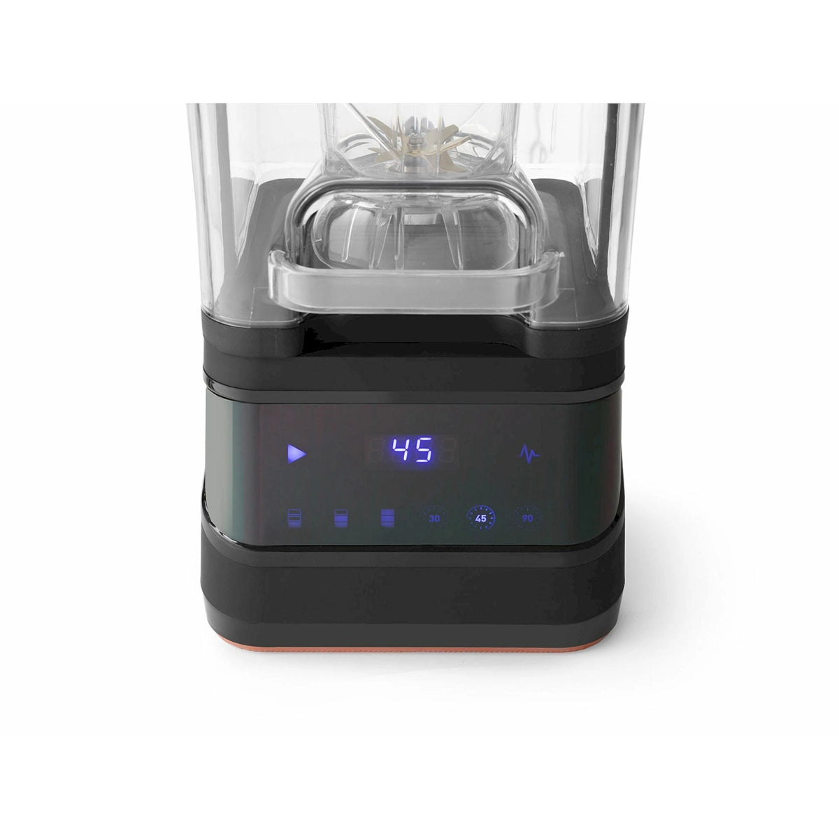 Eine Nahaufnahme des HENDI Mixers mit geräuschdämmender Abdeckung - schwarz base zeigt ein digitales Display mit "45" und Touch-Bedienelementen für Wiedergabe/Pause, Timer und Geschwindigkeit. Der HENDI-Behälter und die Klingen sind oben teilweise sichtbar.