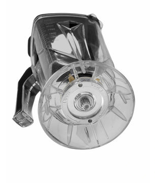 Der HENDI Mixer mit geräuschdämmender Abdeckung - schwarz verfügt über einen transparenten Behälter mit Messmarkierungen, einen seitlichen Griff und ein zentrales Messer, das für präzises Mixen mit oder ohne geräuschdämpfende Abdeckung konzipiert ist.