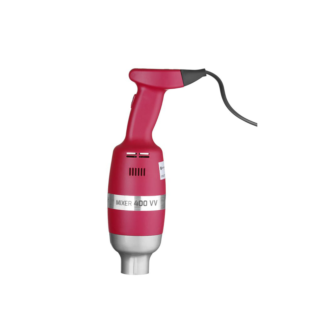 Ein rot-silberner HENDI Stabmixer Profi Line 400 (rot) mit schwarzem Netzkabel ist vor einem schlichten weißen Hintergrund abgebildet - ideal für die Profiküche.