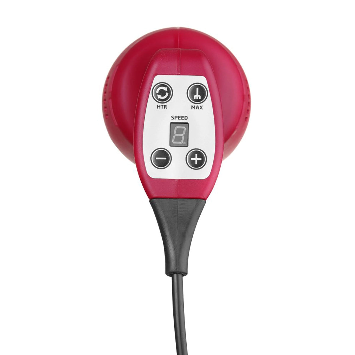 Der Hendi Stabmixer Profi Line 400 - rot von HENDI ist ein rotes elektrisches Handmassagegerät mit digitaler Geschwindigkeitsanzeige, Steuertasten und schwarzem Netzkabel, von oben auf weißem Hintergrund dargestellt.