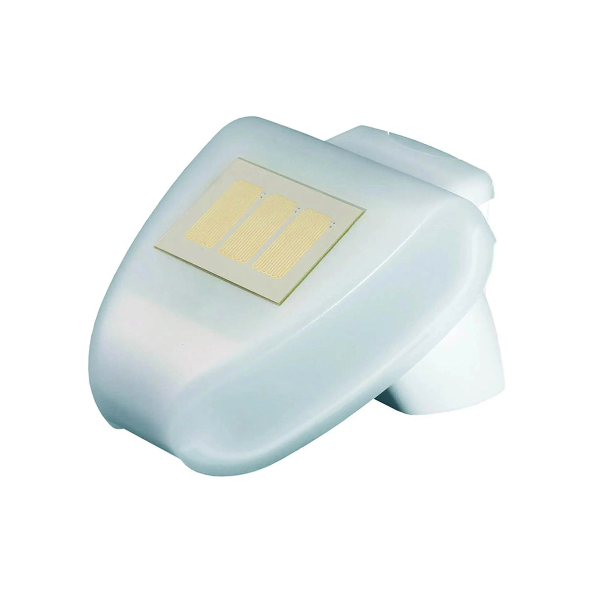 Der HOMEPILOT Wettersensor smart ist ein weißes, kompaktes, solarbetriebenes LED-Gerät mit einer gewölbten, lichtdurchlässigen Abdeckung und einem kleinen oberen Solarpanel - perfekt für die Integration in HOMEPILOT Wettersteuerung Smart Home Systeme.