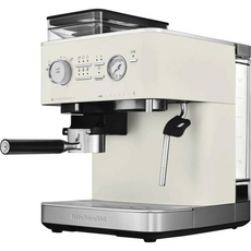 Die Kitchenaid Espresso-Maschine 5KES6551EPL in Porzellanweiß verfügt über silberne Akzente, eine Dampfdüse und Bedienelemente an der Vorderseite, um Kaffee in Barista-Qualität zu Hause zuzubereiten.