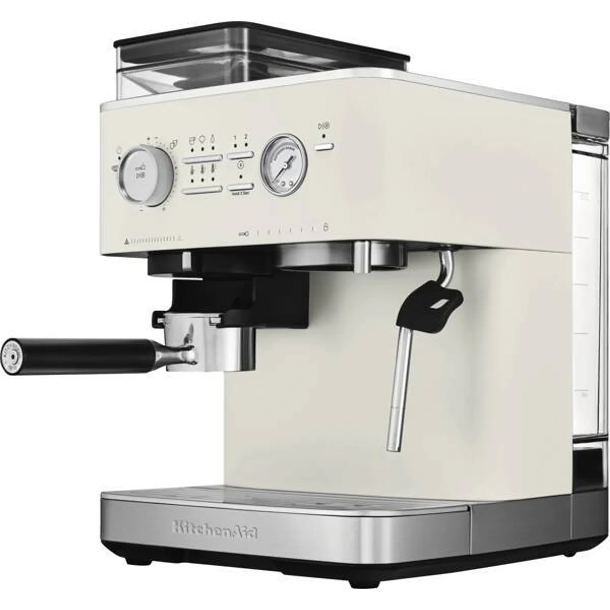 Die Kitchenaid Espresso-Maschine 5KES6551EPL in Porzellanweiß verfügt über silberne Akzente, eine Dampfdüse und Bedienelemente an der Vorderseite, um Kaffee in Barista-Qualität zu Hause zuzubereiten.