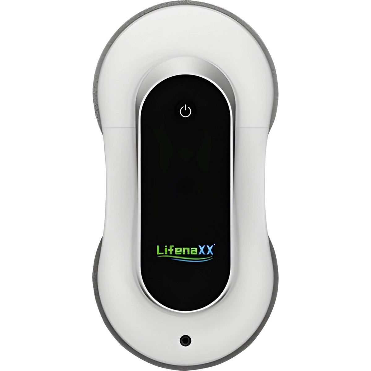Der Lifenaxx LX-055 Fensterreinigungsroboter in Silber ist ein ovaler Fensterreinigungsroboter mit intelligenter Sprühtechnologie, einer Power-Taste und dem Lifenaxx-Logo auf der Vorderseite.